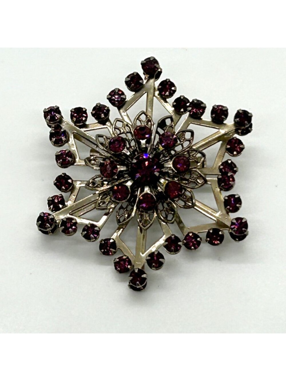 Vintage Gold-tone Burgundy Rhinestone Starburst Brooch Pin Snowflake Retro